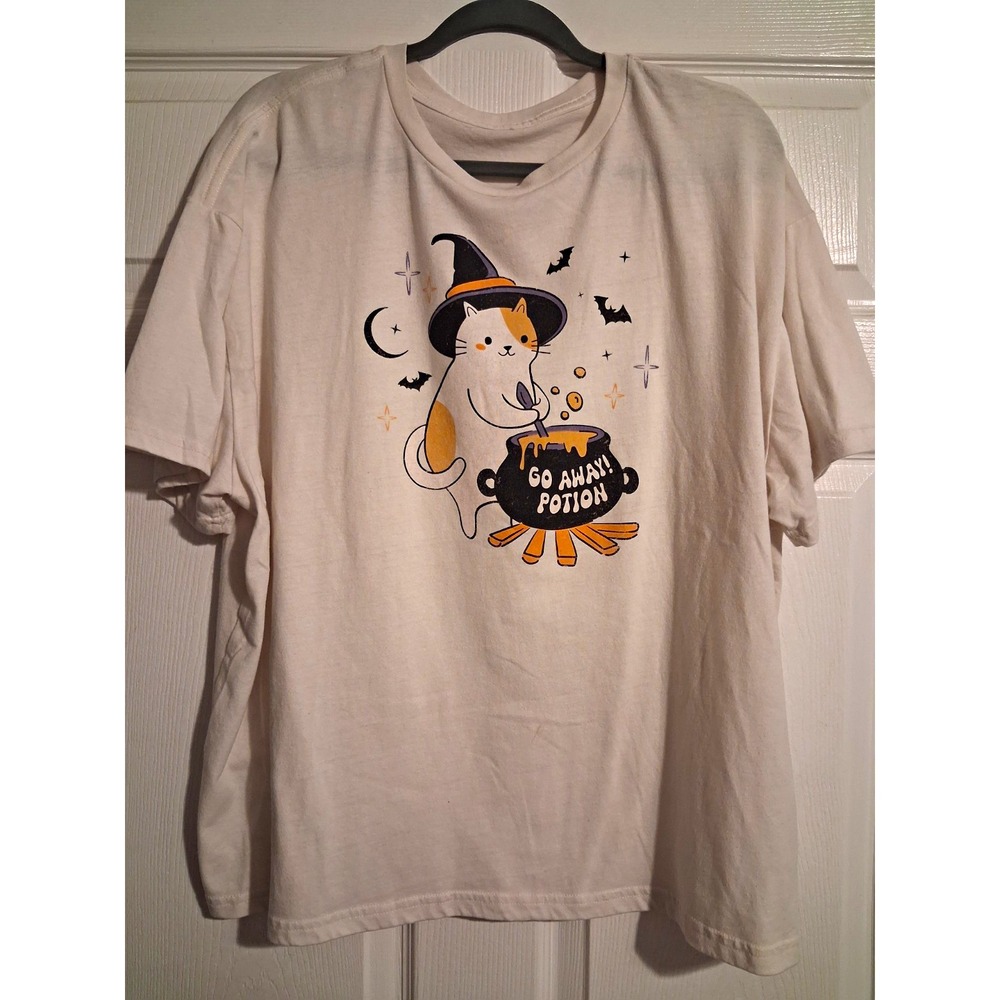 Halloween Witchy Cat Graphic T Shirt Go Away Potion Cream Cute Spooky Kawaii Tee